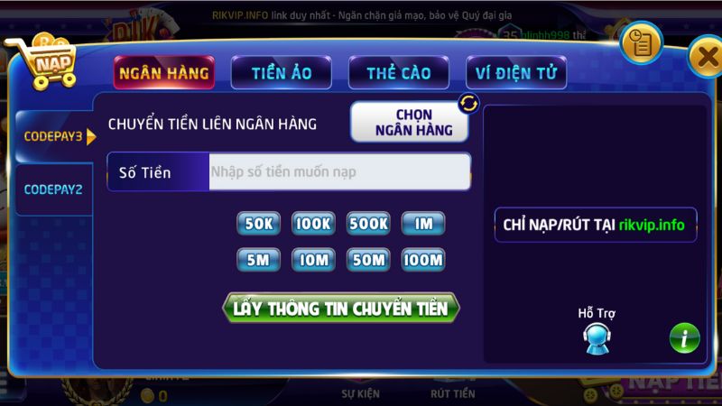 Hướng dẫn nạp tiền Rikvip với ngân hàng