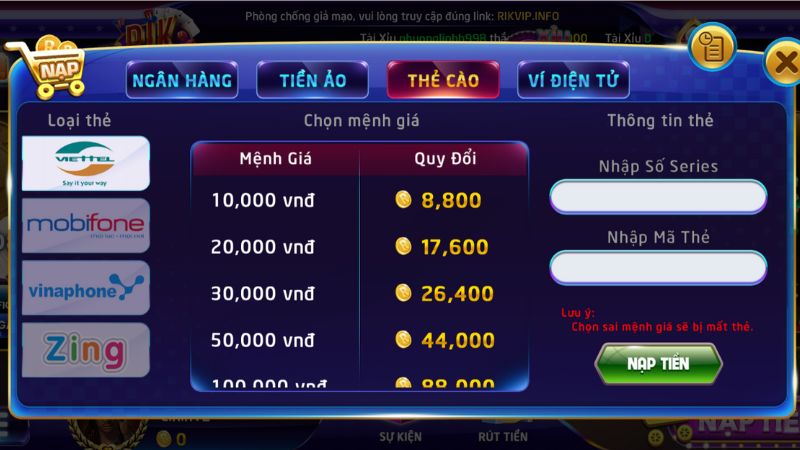 Cách thức nạp tiền Rikvip siêu nhanh bằng thẻ cào