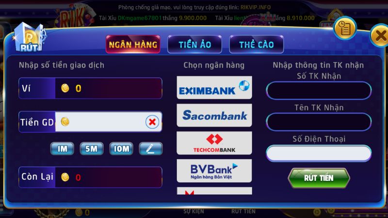 Hướng dẫn phương thức rút tiền Rikvip qua ngân hàng